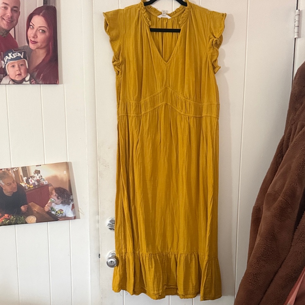 Time and Tru Yellow Midi Dress with Ruffle Detail